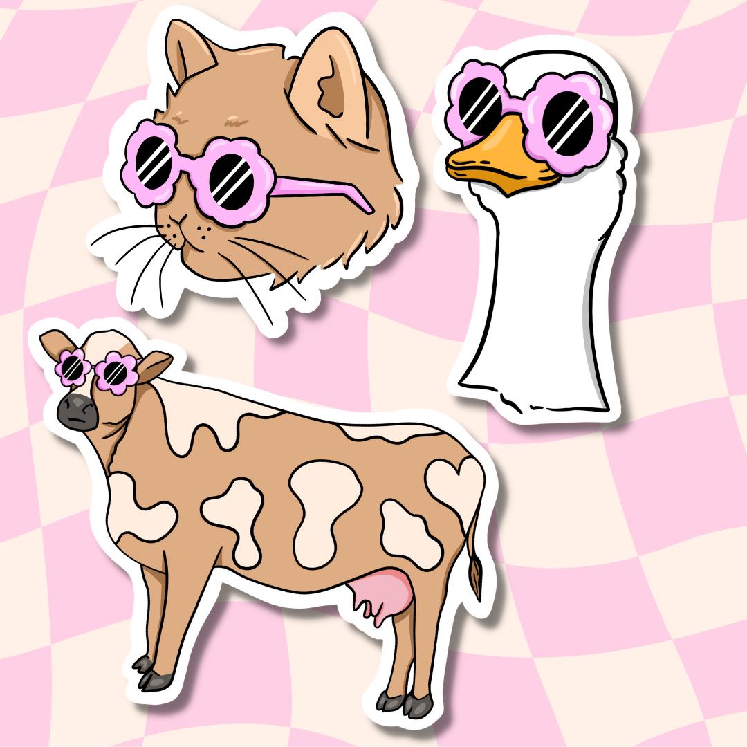 Cat Sticker || Waterproof || Cow Sticker || Summer Stickers || Sunglasses || Laptop Stickers || Vinyl Stickers || Goose