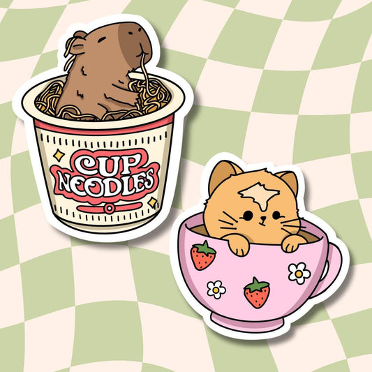 Capibara Sticker || Cup Noodles || Waterproof Stickers || Cat Sticker || Cat-puccino Sticker || Food Stickers ||